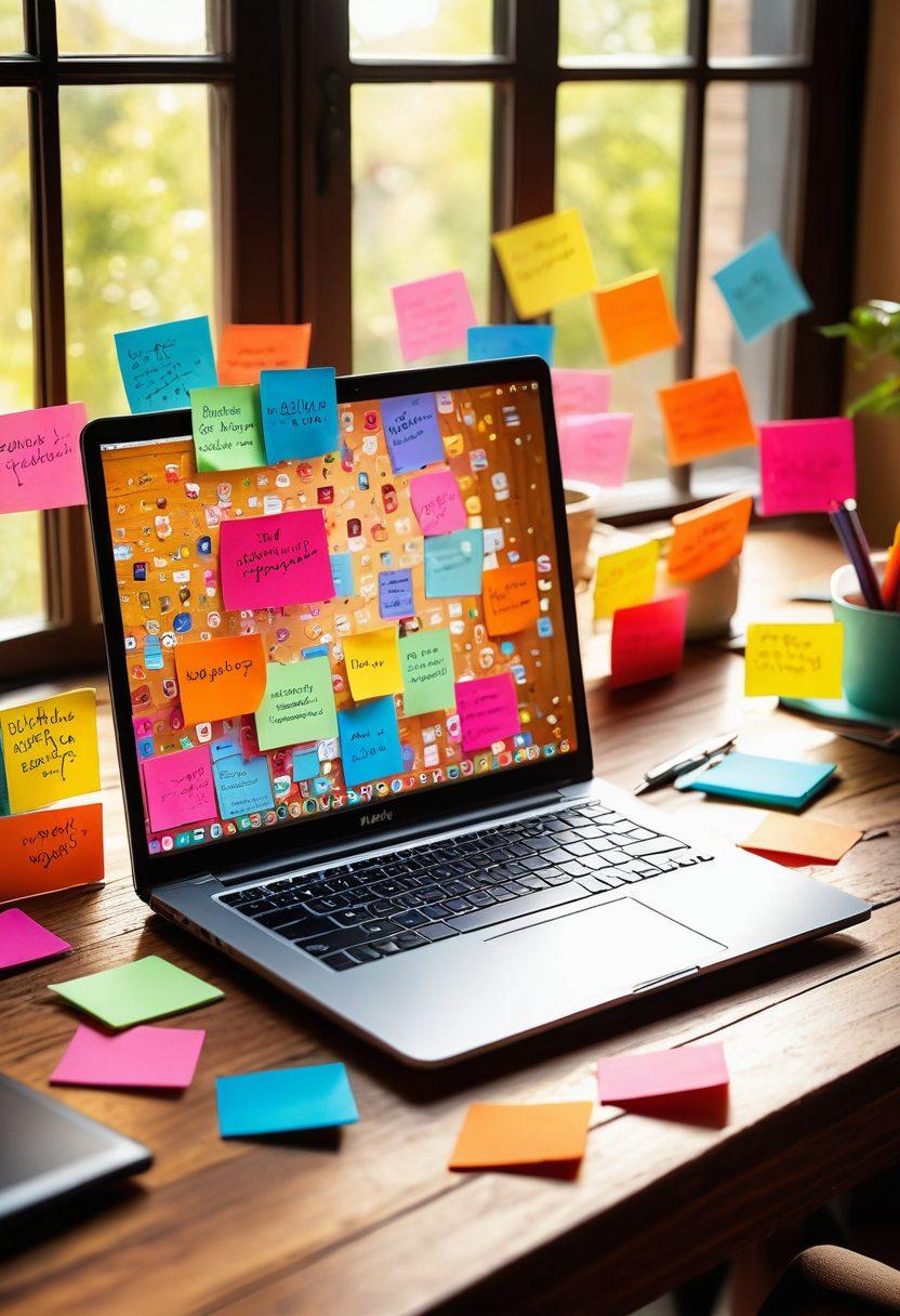 A modern laptop on a wooden desk surrounded by vibrant sticky notes and colorful pen inks, symbolizing blogging and creativity. In the background, a diverse group of people engaging in a lively discussion, representing community interaction. Add speech bubbles with various digital icons like comments, hearts, and thumbs up to emphasize conversation. Bright sunlight streams through a window, giving an inviting feel. super-realistic. vibrant colors. warm atmosphere.