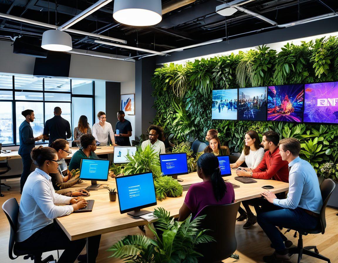 A diverse group of people of various ages and ethnicities collaborating in a bright, modern workspace, surrounded by digital screens displaying innovative web solutions and community engagement tools. The atmosphere is lively, with plants and colorful decor enhancing the workspace. Emphasize connections and teamwork through body language and expressions. super-realistic. vibrant colors. 3D.