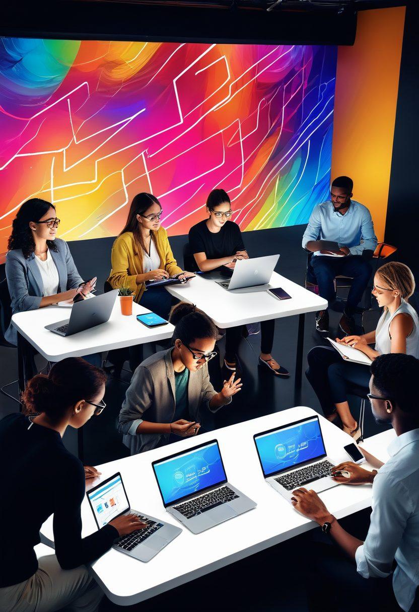 A diverse group of people engaged in a dynamic digital discussion around laptops and tablets, with vibrant flowing visual elements representing connectivity and community, all set in a modern, bright space filled with digital tools and social media icons. super-realistic. vibrant colors. bright background.